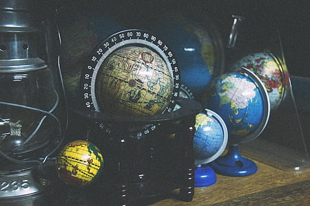 globes, monde, géographie, lanterne, collection, cartes, cartographie