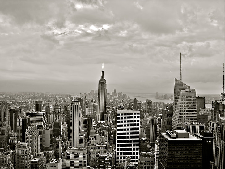 Empire state building, New york, Manhattan, výhled na město, mrakodrap, černá a bílá