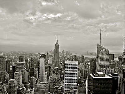 Эмпайр-Стейт-Билдинг, Нью-Йорк, Манхэттен, вид на город, небоскреб, черный и белый