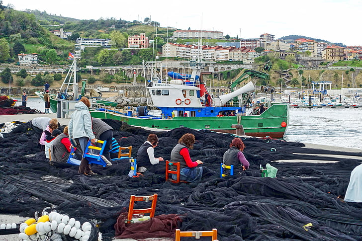 netting, repairs, fishing, port, women, fixing