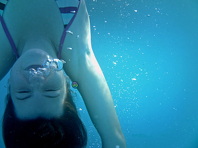 diving, girl, dive, hold your breath, air bubbles, upside down, underwater