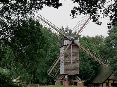 mlýn, větrný mlýn, křídlo, vítr, Münsterland, Niederrhein, stromy
