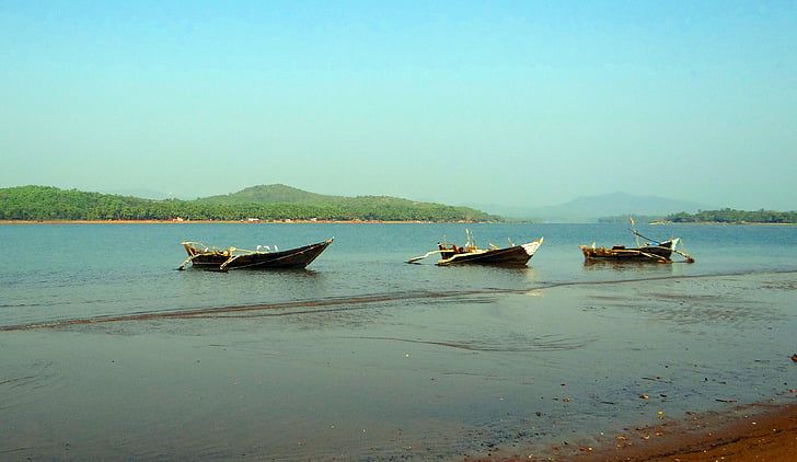 rivière, Gangavali, estuaire, eau, vagues, bateaux, bateaux de pays