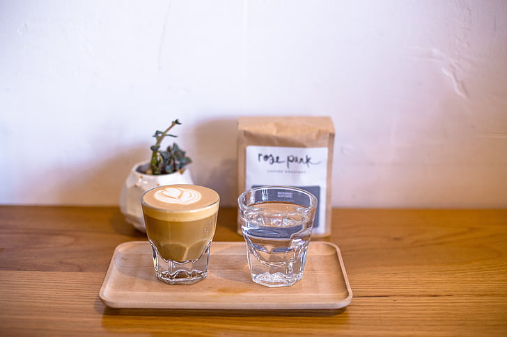 coffee, latte, art, froth, wooden, table, water