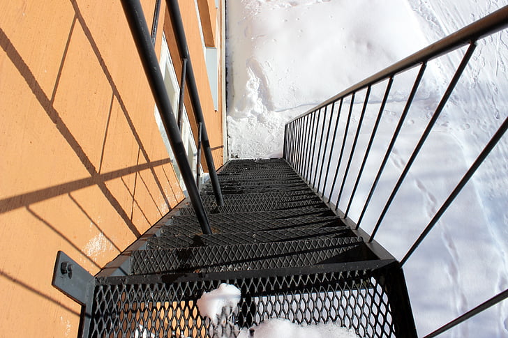 fire escape, stairs, outside, winter, snow, ice, abstract
