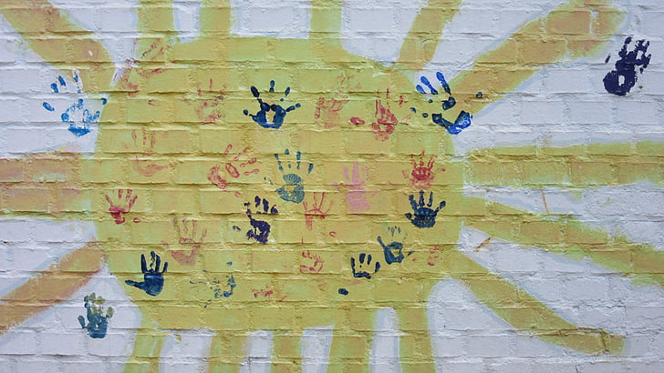 solen, vegg, hender, barns hender, handprints, Sunbeam, utskrifter