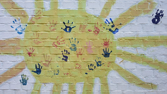sol, pared, manos, manos de los niños, huellas de las manos, rayo de sol, impresiones