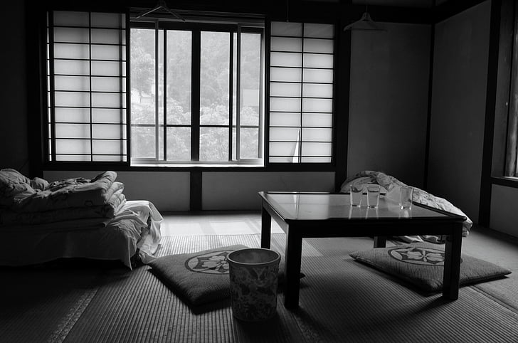 rom, Bed & breakfast, Japan, futon, tatami matter, svart-hvitt