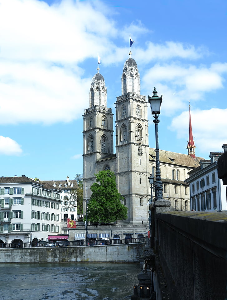 Église, Zurich, Suisse, double tour, vieille ville, toits, Grossmünster