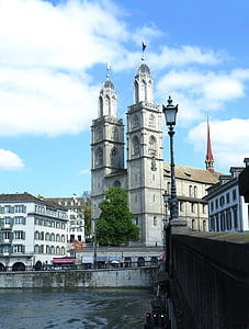 kyrkan, Zurich, Schweiz, Dubbelrum tower, gamla stan, tak, Grossmünster