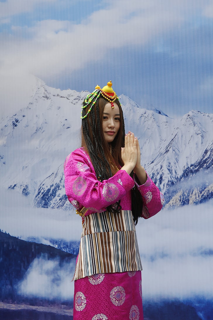 snow mountain, beauty, prayer, asia, traditional clothing, woman, model