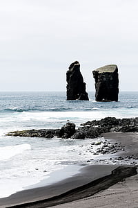 praia, preto e branco, oceano, ao ar livre, formação rochosa, pedras, areia