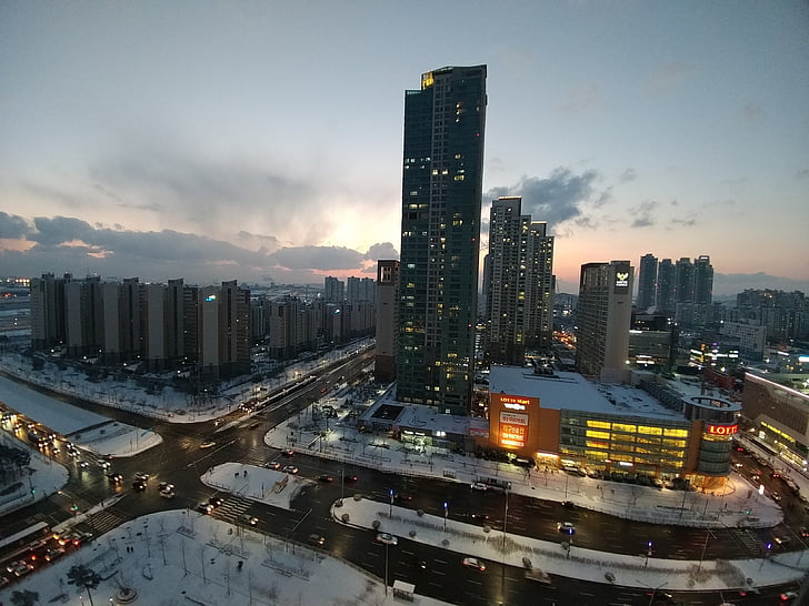 cheongna, Incheon, téli, város, utca-és városrészlet, városi, Horizon