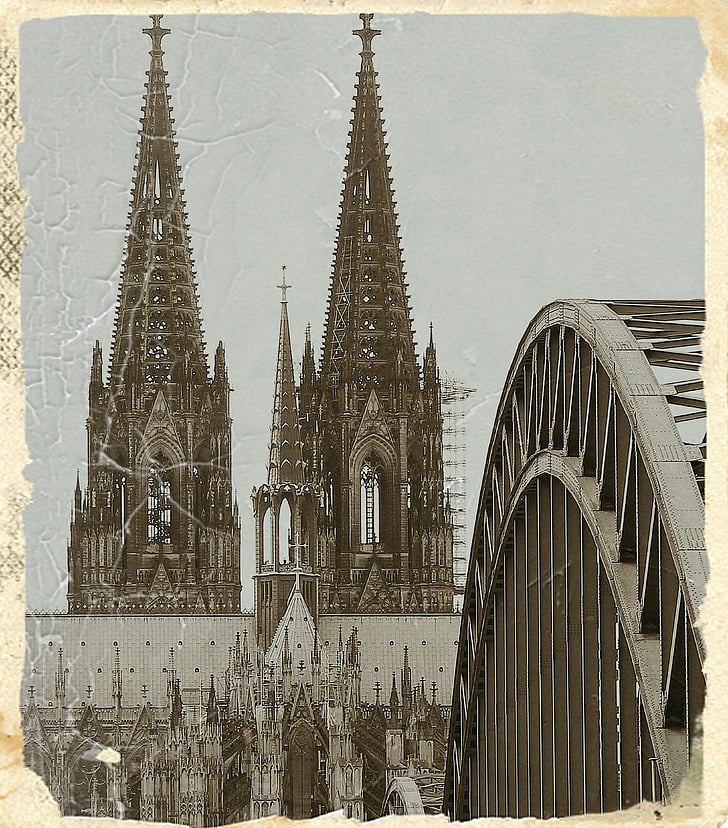 Cathédrale de Cologne, antique, pont Hohenzollern, arches, pont, Dom, Rhin