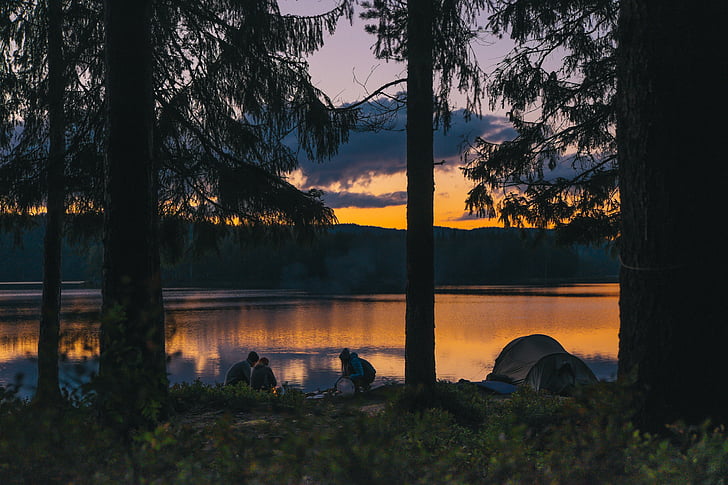camping, evening, forest, lake, nature, people, outdoors