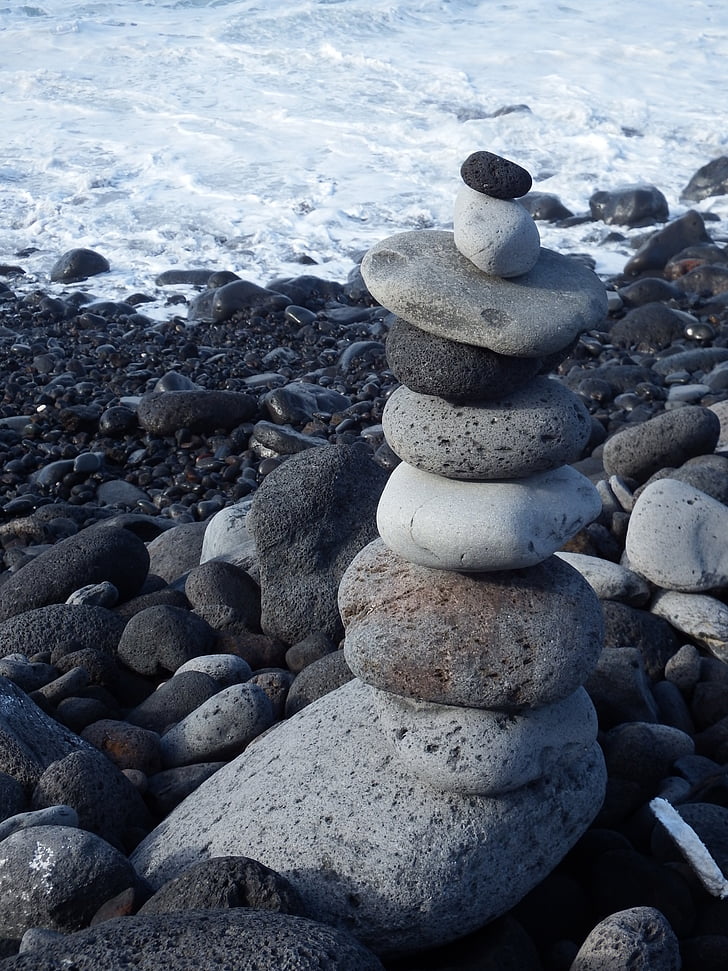 Torre de pedra, equilíbrio, recuperação de, entspannng, praia, Torre, pedras