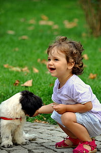 สาว, ลูกสุนัข, เด็ก, รอยยิ้ม, น่ารัก, มีความสุข