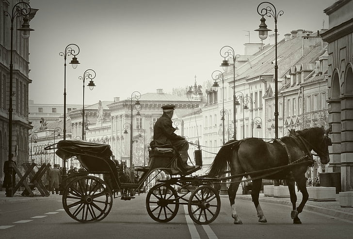 ohjaamo, Varsova, vanha kaupunki, kuljetus, hevonen, ihmiset, Street