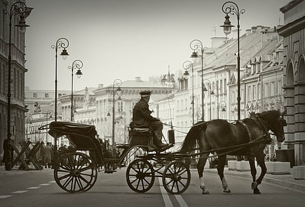 cab, warsaw, old town, carriage, horse, people, street
