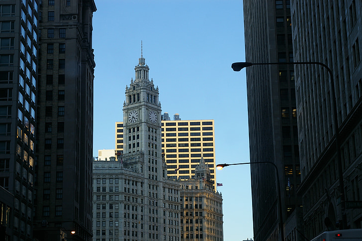 Chicago, tårnet, moderne, stor, klokke, bygge, arkitektur