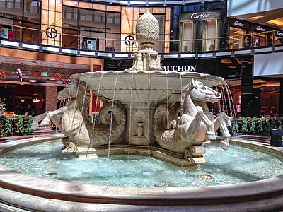 fountain, water, indoor, shopping, mall, sculpture, architecture