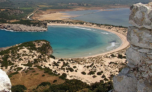 Hellas, Peloponnese, Vērsis kuņģa līcis, pludmale, jūra, skaistas pludmales, vasaras