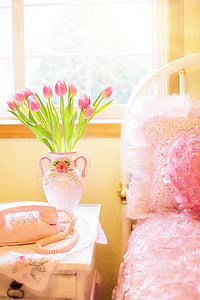 tulpes, rozā, gultas, no rīta, rozā telefona, Pavasaris, ziedu