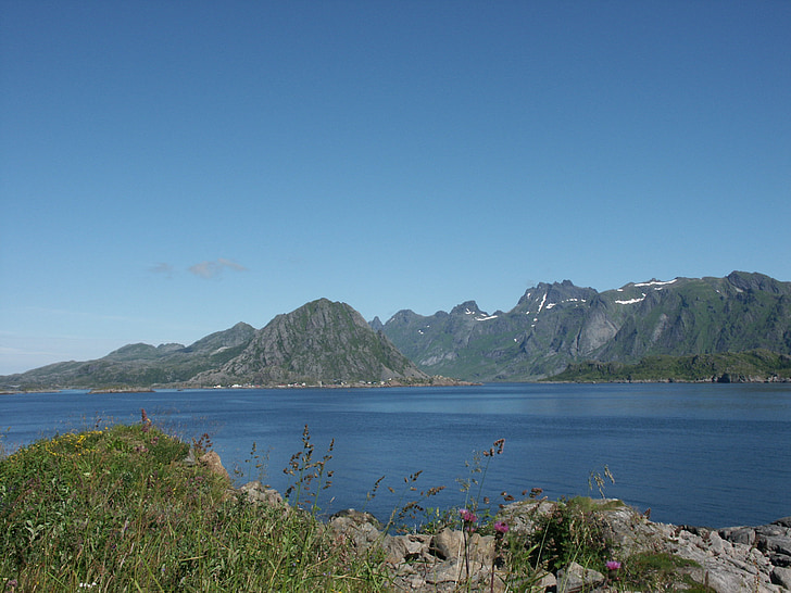 Lofoten, hegyi, tenger, fjord, Északi-sark, panoráma