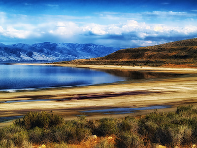 great salt lake, utah, landscape, scenic, sky, clouds, mountains