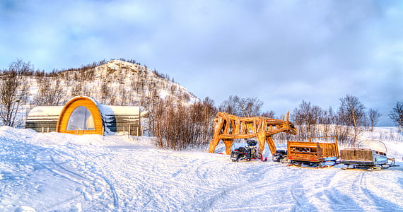 Kirkenes, Noruega, cavalo de madeira, arquitetura, montanhas, paisagem, neve
