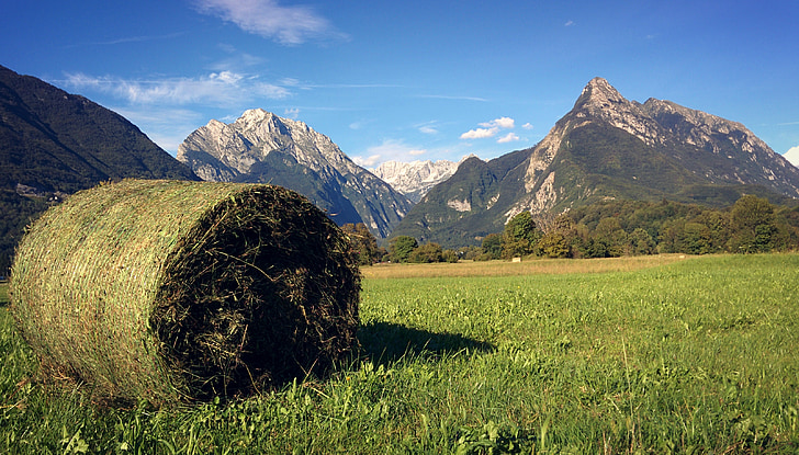 pacas de heno, Eslovenia, Alpes, Bovec, montaña, paisaje, naturaleza