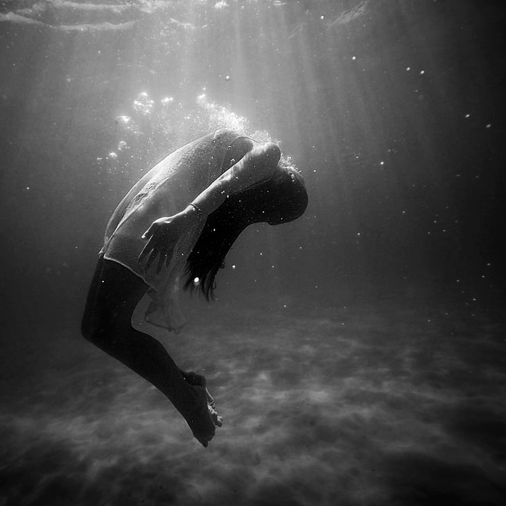 grayscale, photo, woman, underwater, girl, dress, drowning