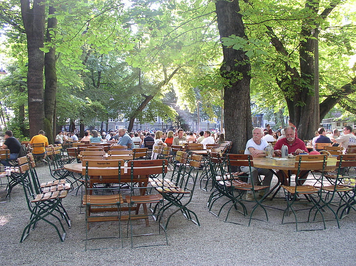 pivski vrt, restavracija, München, stoli, jedilne mize, vrt, poletje