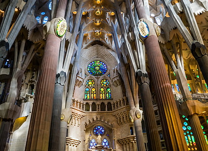 sagrada familia cathedral, barcelona, spain, stained glass, church, religion, architecture