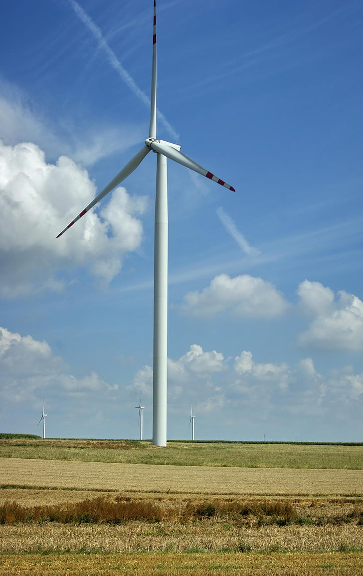 blauwe hemel, wolken, windmolen, windmolen boerderij, Generator, turbine, macht