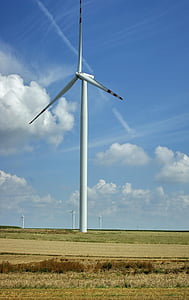 cielo azul, nubes, molino de viento, granja del molino de viento, generador de, turbina de, energía