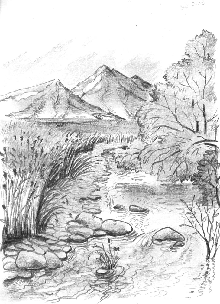 Figure, montagnes, crayon, ruisseau, noir et blanc, illustration, dessin - Art Product