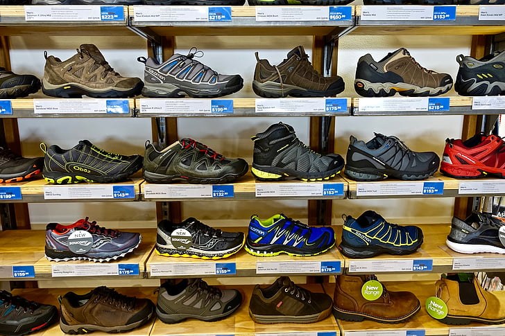 zapatos, rack, colección, botas, estante, ir de compras