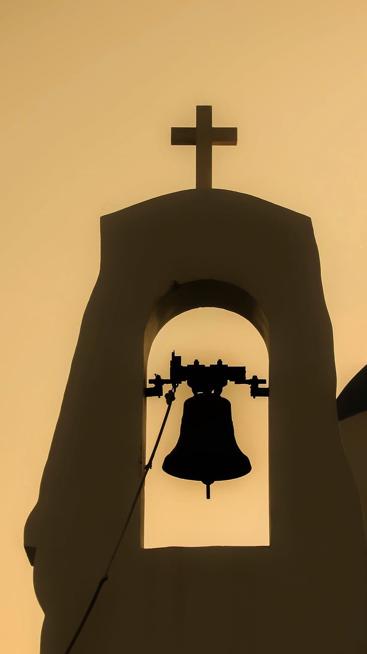 západ slnka, kostol, Bell, zvonica, letné, tiene, Cyprus