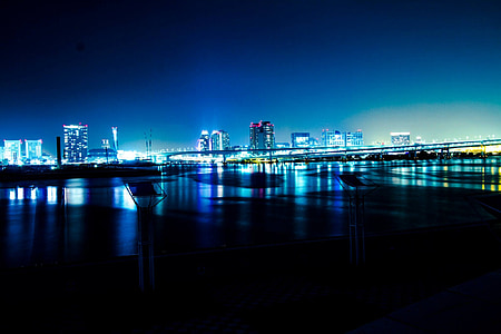 rainbow bridge, night view, sea, reflection, harumi