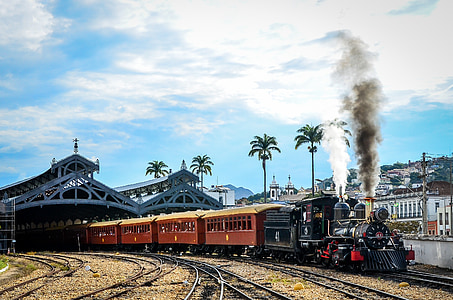 机车, 火车, 蒸汽发动机, 马车, 铁路, 吸烟, 煤炭