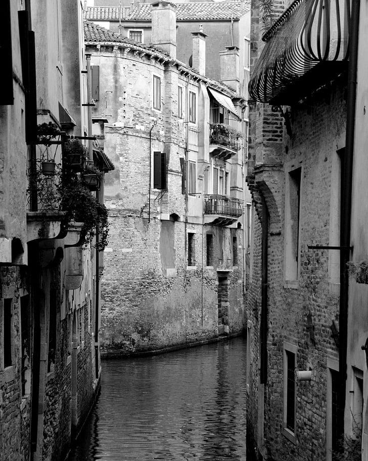 Veneza, preto e branco, canal, Itália, Calma, água, cidade