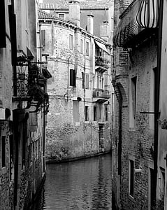 Venecija, crno bijela, kanal, Italija, Smiri, vode, grad