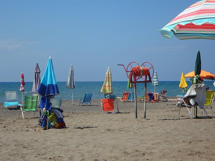 Playa, Mediterráneo, vacaciones, sombrillas, recuperación, agua, arena