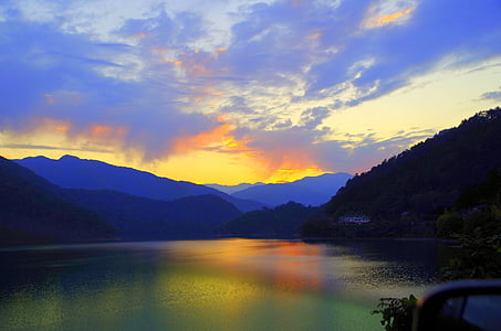 Захід сонця, Японія, озеро, небо, Nightfall, у сутінках, Гора