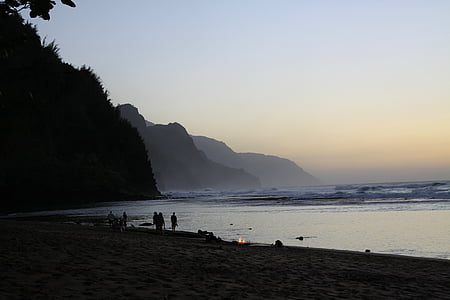 Hawaii, Kauai, Kee, Napali, Côte, plage, coucher de soleil