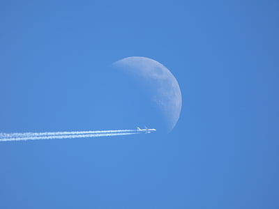 moon, plane, sky, flight, blue, backgrounds, colored background