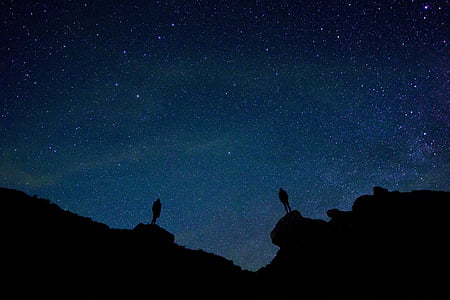 δύο, persona, στέκεται, βουνό, γκρεμό, τη διάρκεια της νύχτας, σκούρο