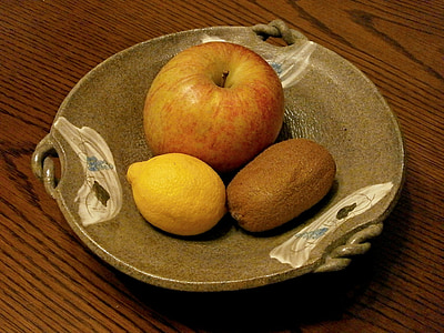 плодове, ябълка, лимон, киви, ястие
