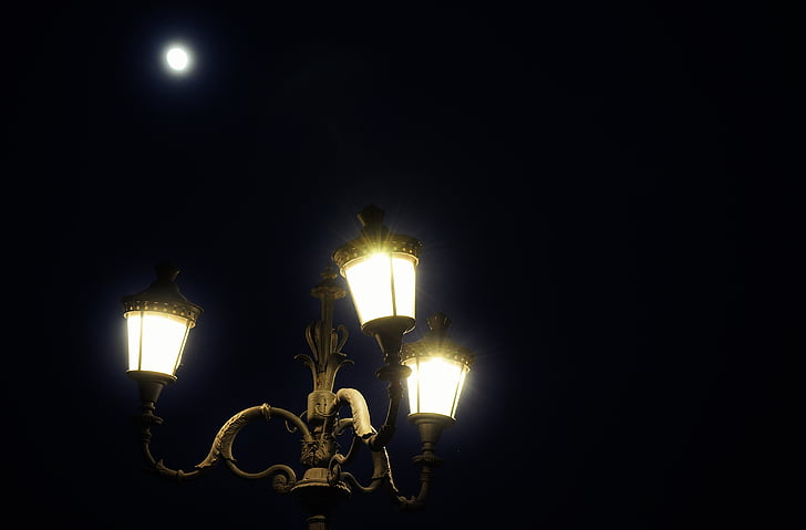 full moon, lamppost, lantern, lights, lunar, night, romantic